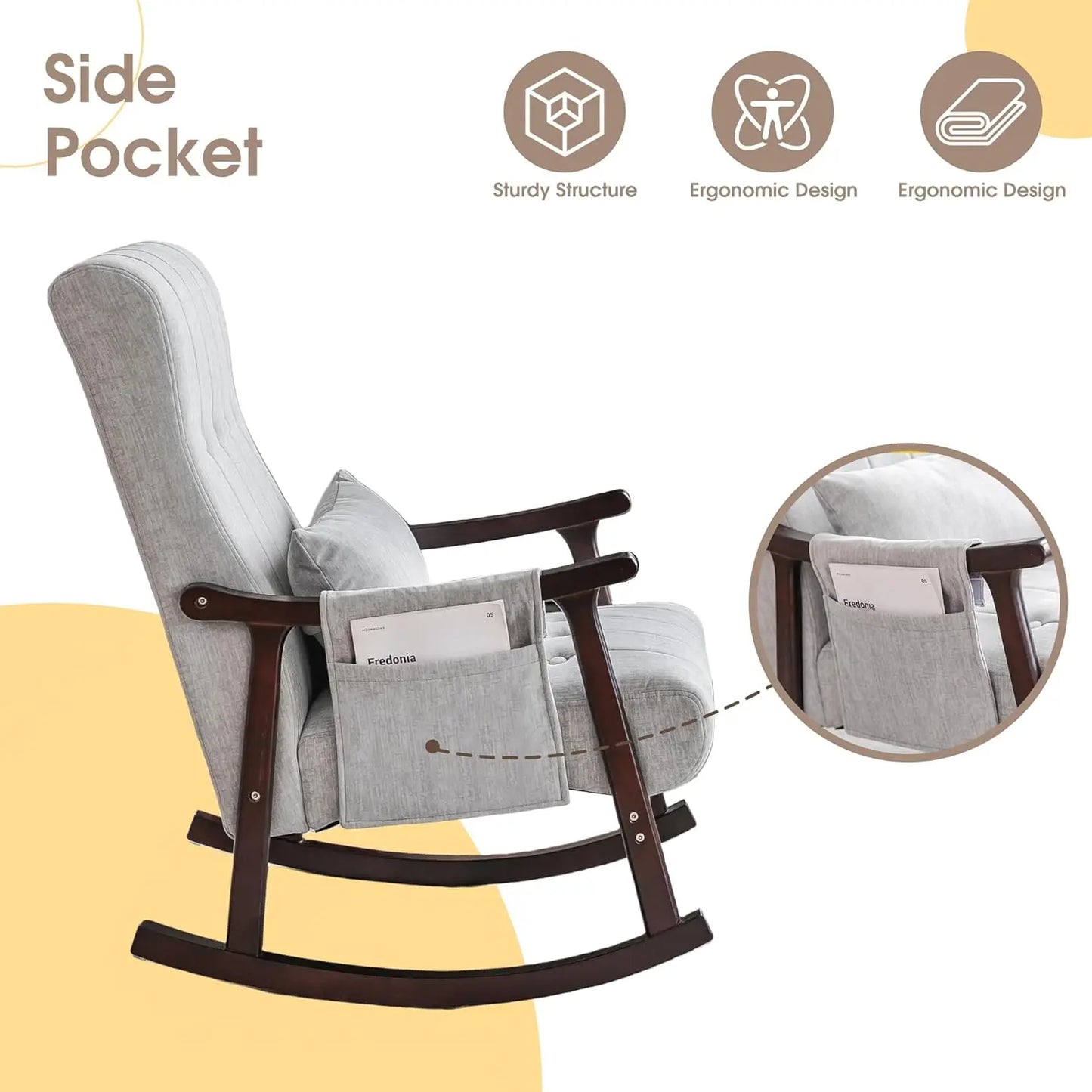 Upholstered Rocking Chair, Nursery Rocking Chair Indoor for Living Room, Modern Glider Rocker w/Pillow＆Side Pocket, High Back