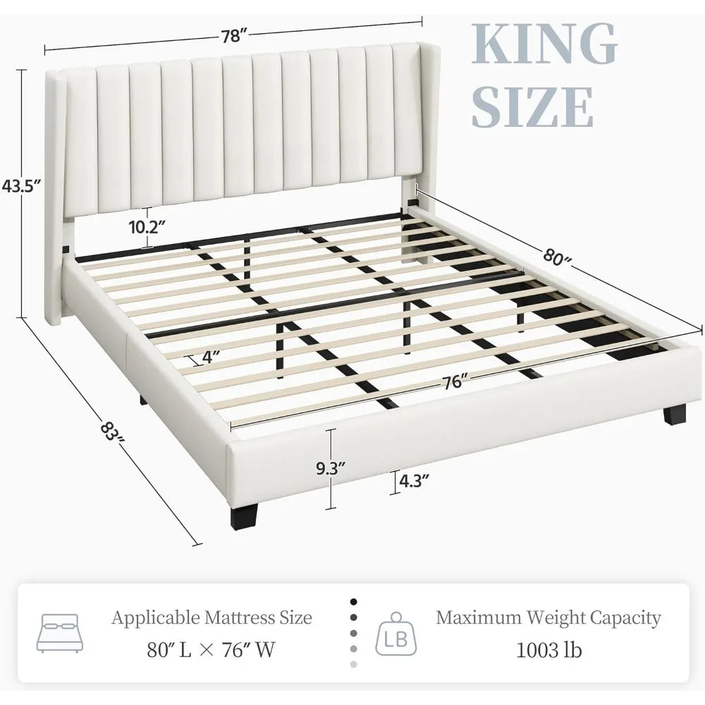 King Bed Frame Upholstered Platform Bed with Fabric Headboard,Wing Edge Design/Non-Slip and Noise-Free/Wooden Slats Support