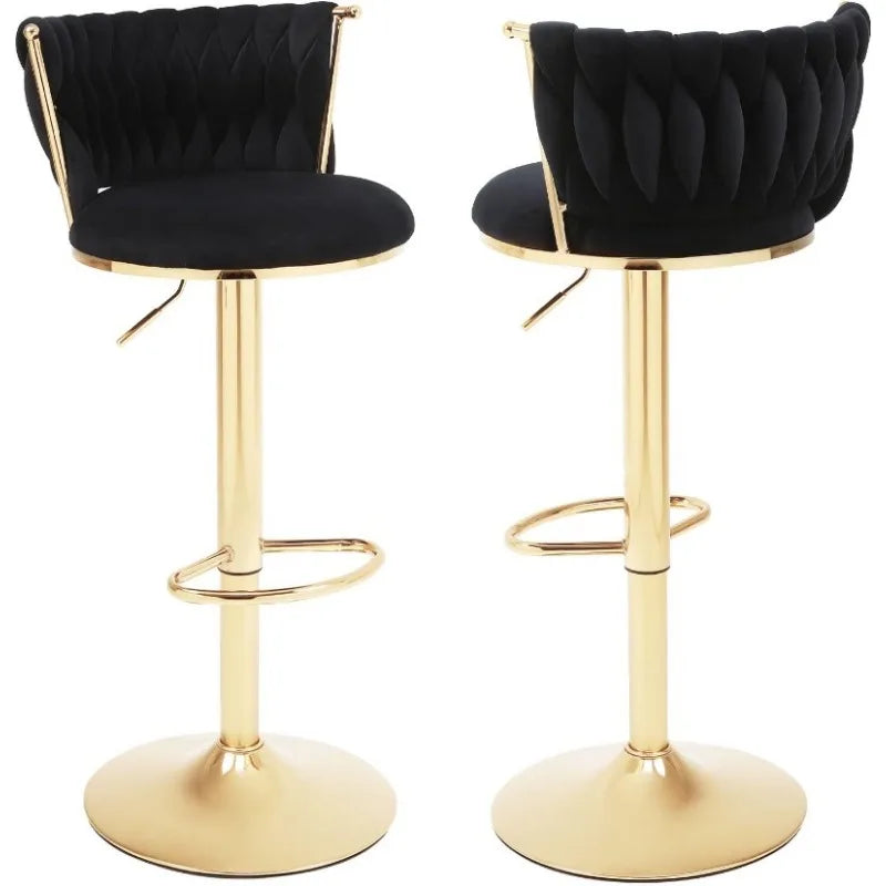 Velvet Bar Stools Set of 2,360° Swivel Woven Modern Gold Bar Stools,Adjustable Height Barstools with Backs Gold Metal Tall