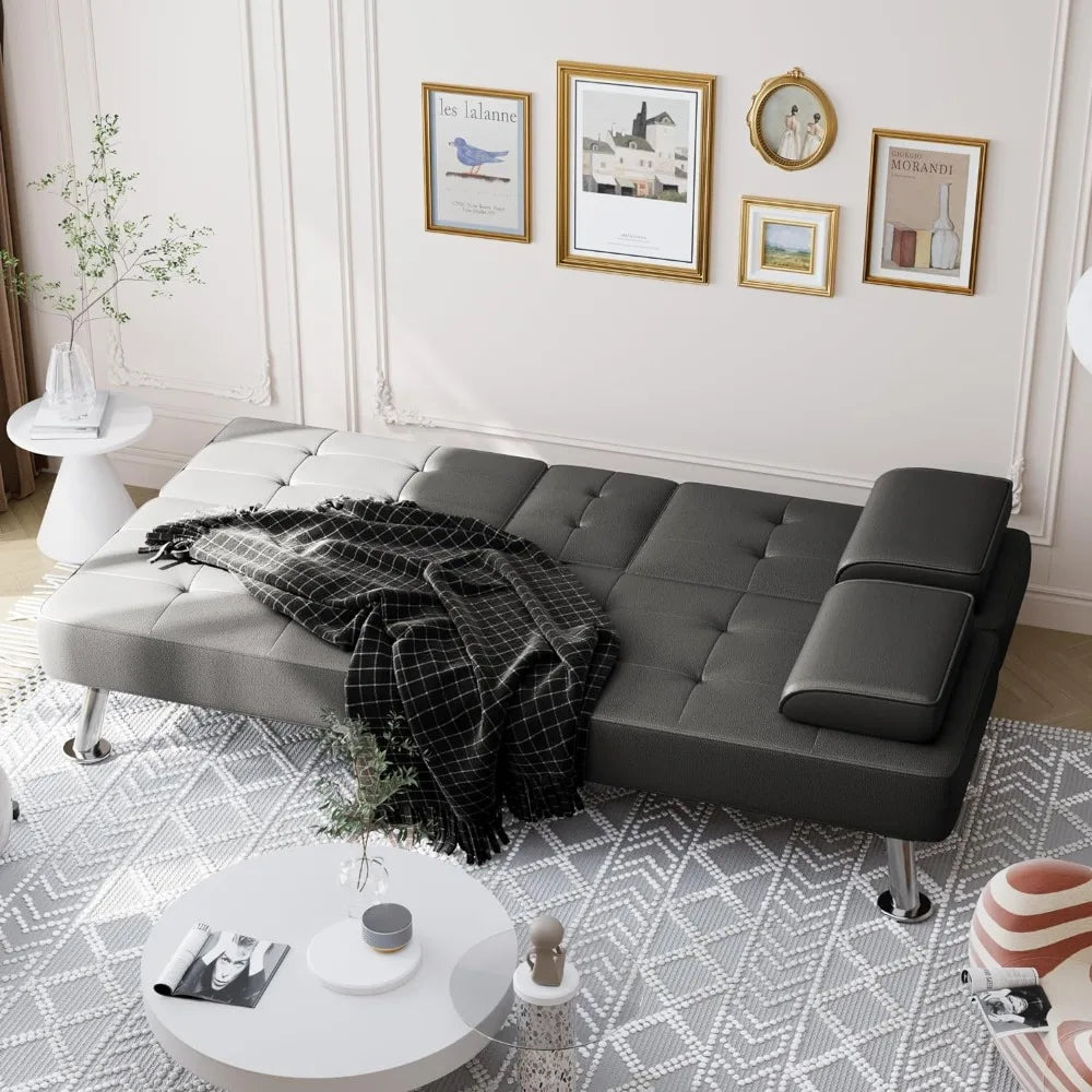Convertible folding faux leather upholstered two-seater sofa with removable armrests