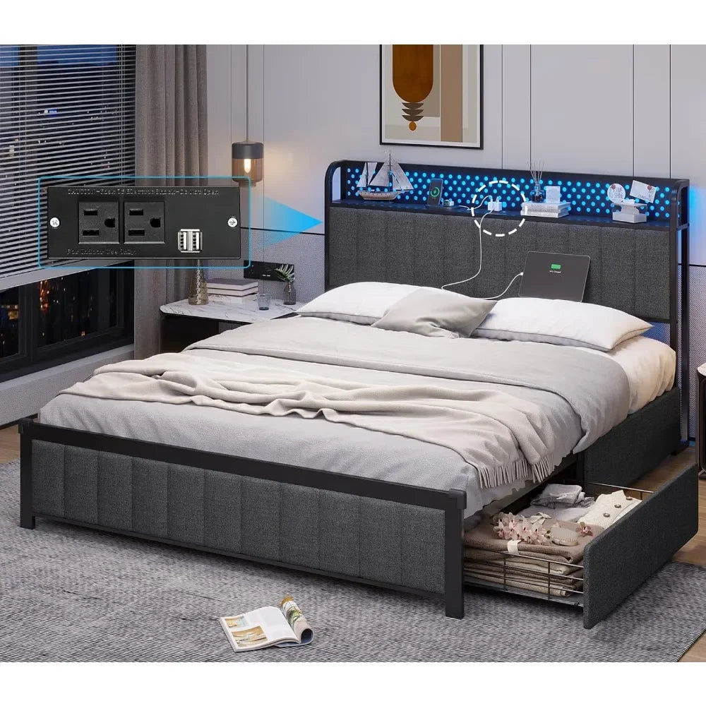 Queen Size Bed Frame, Padded Metal Bed Frame with USB Port and Charging Socket, LED Queen Size Bed Frame