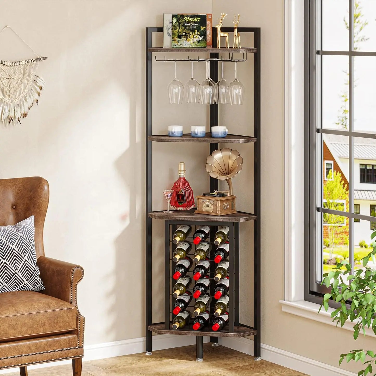 Corner Wine Rack with Glass Holder and Storage Shelves, 4 Tier Bar Corner Wine Cabinet, Industrial Wine Shelf for Living Room