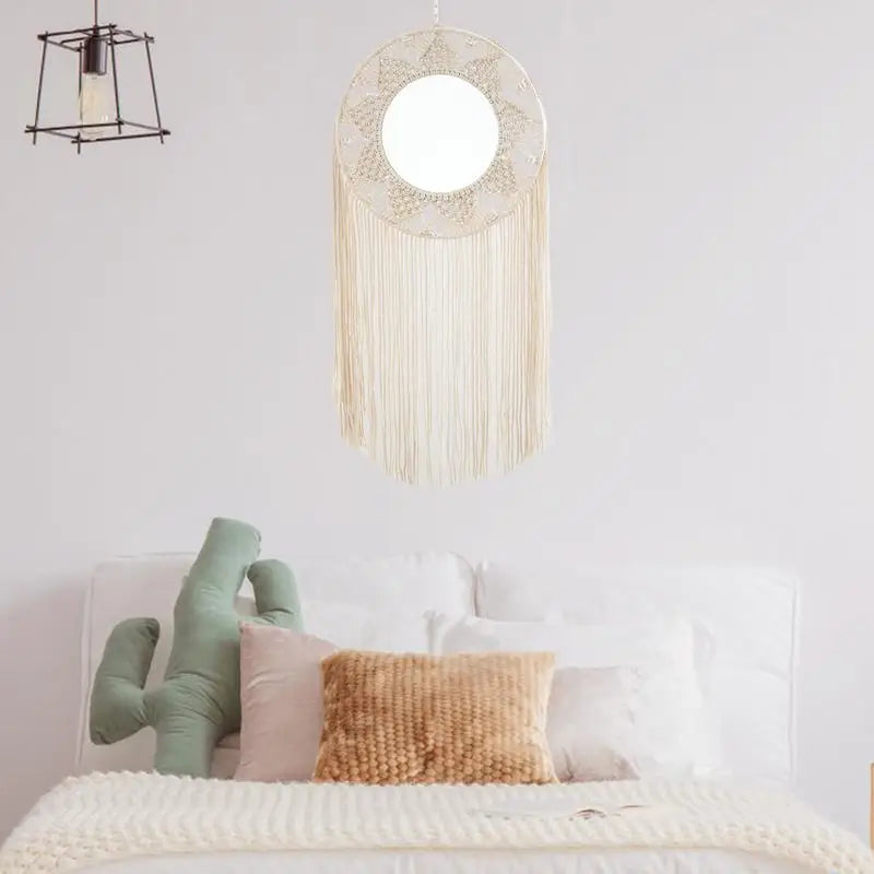 Macrame Mirror For Wall Round Art Makeup Mirror Decoration Macrame Fringe Boho Wall Decor Bohemia Ornament For Apartment