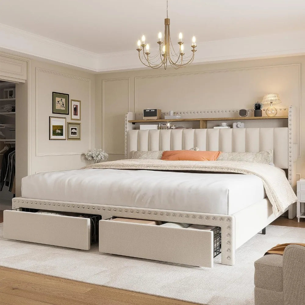 Queen Bed Frame with Headboard and Storage, Upholstered Queen Bed Frame with Storage, Grey Queen Size Bed Frame