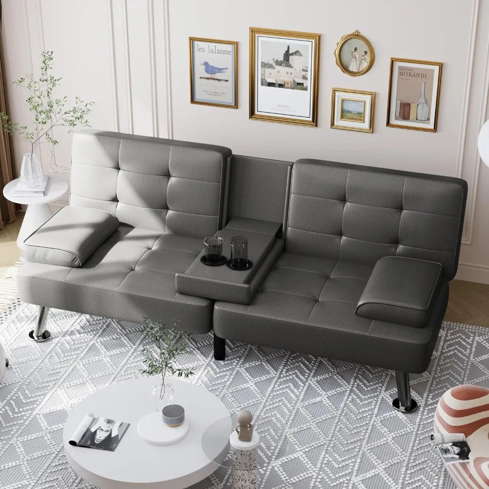 Convertible folding faux leather upholstered two-seater sofa with removable armrests