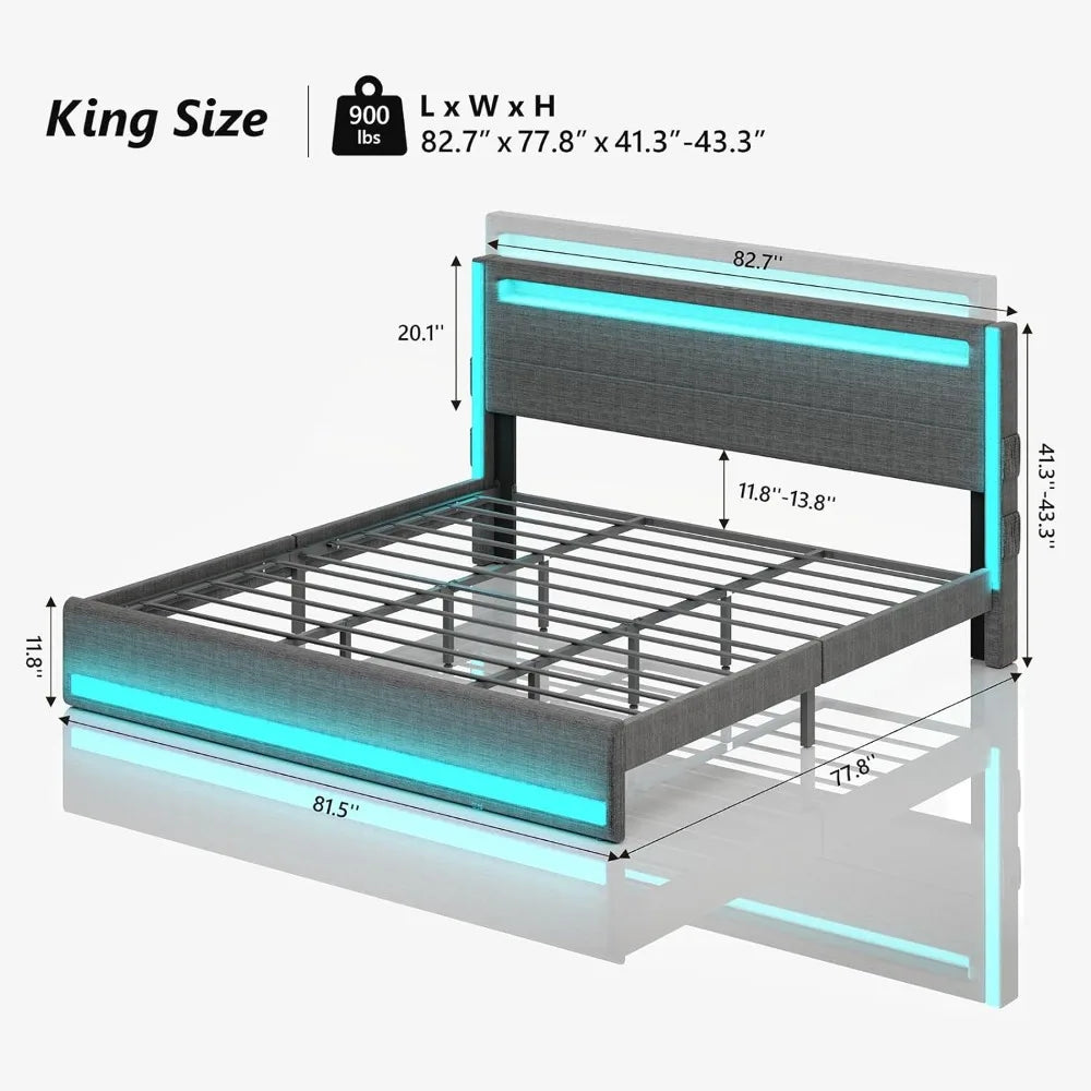 LED Bed Frame, Adjustable Headboard, Light up with Type-C & USB Charging Station, Upholstered Metal Bedframe, Bed Frame