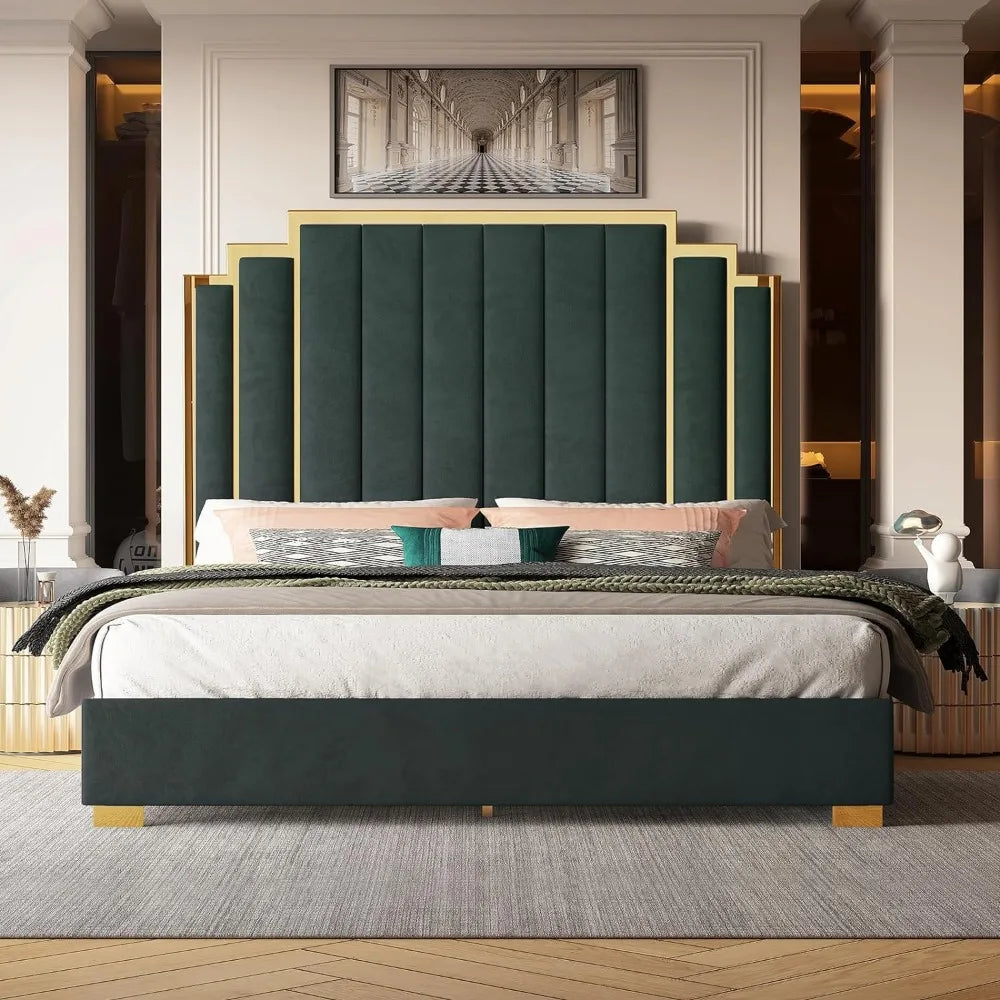 Velvet Upholstered Bed with Gold Accent Headboard, Wood Slats