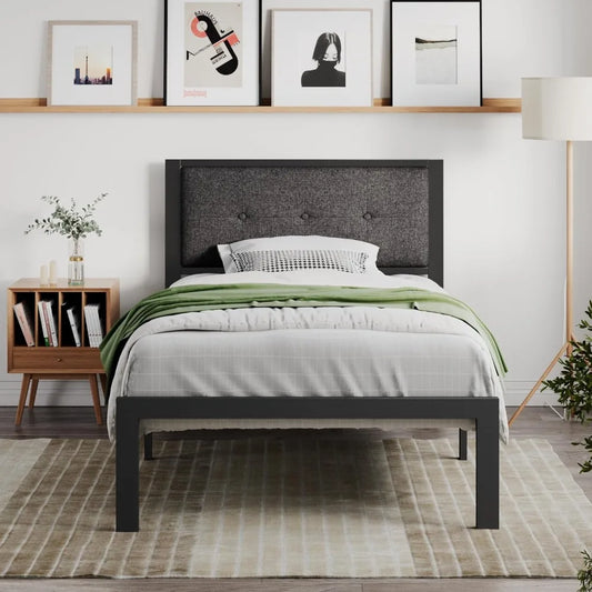 Twin Size Bed Frame with Upholstered Headboard, Platform Bed Frame with Metal Slats, Button Tufted Square Stitched Headboard