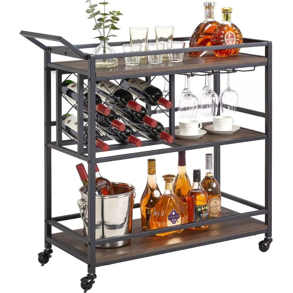 Rustic Rolling Serving Cart on Wheels for Liquor and Alcohol Kitchen Storage Trolley Furniture Cabinet Home