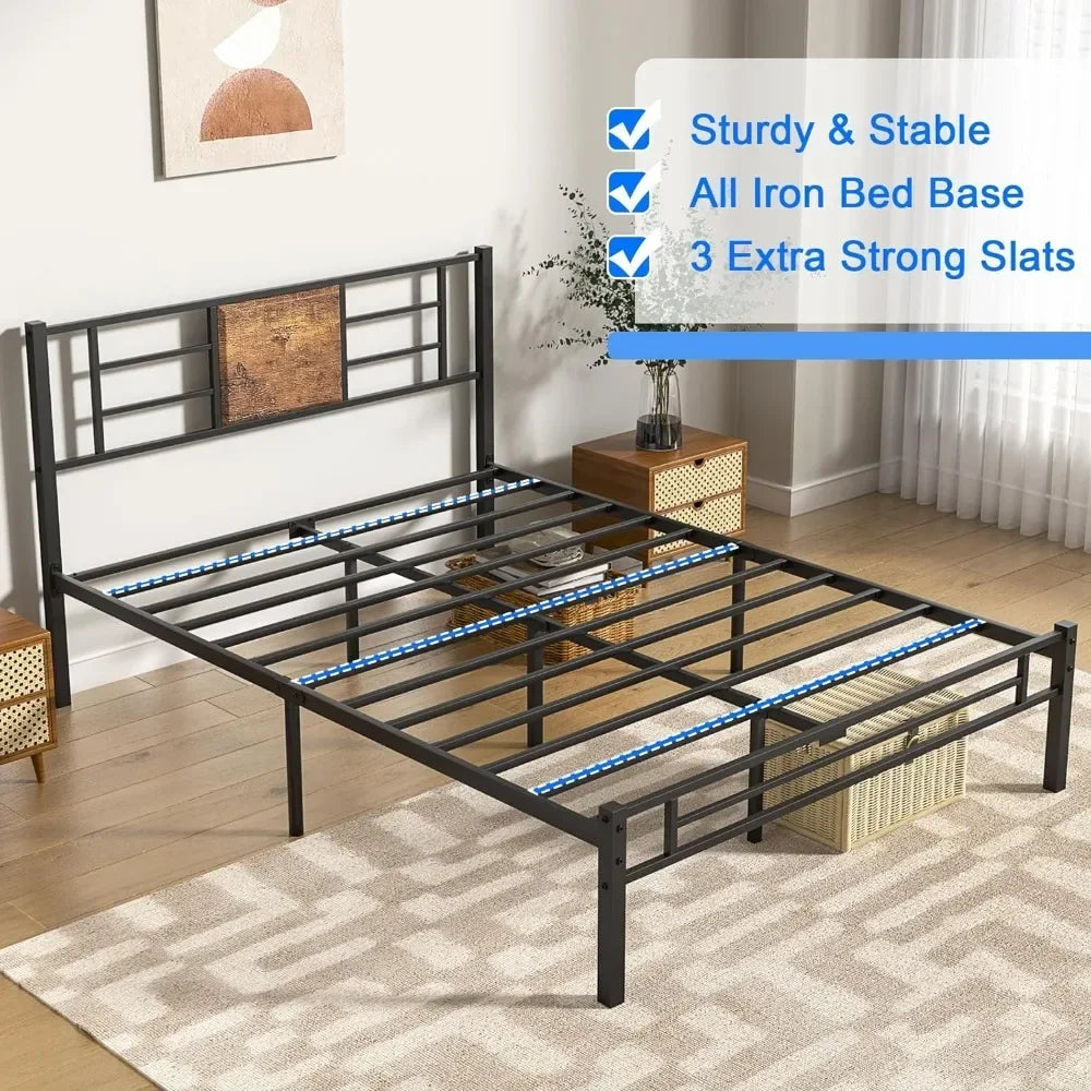 Full Size Bed Frame with Headboard, Heavy beds Platform with Steel Slats Support, Bed Frame