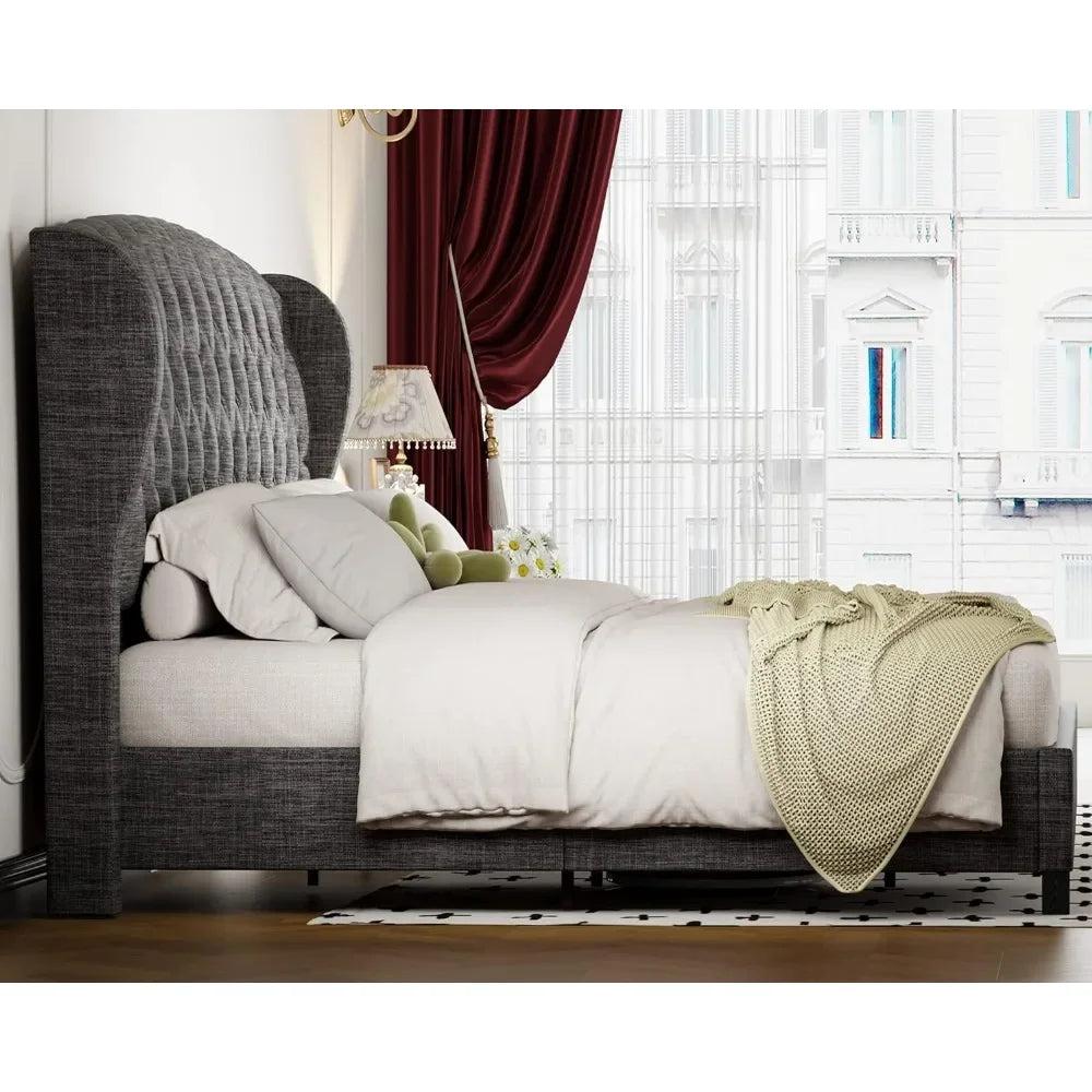 Bed Frame, Linen Curved Upholstered Bed, Headboard with Shell Wingback