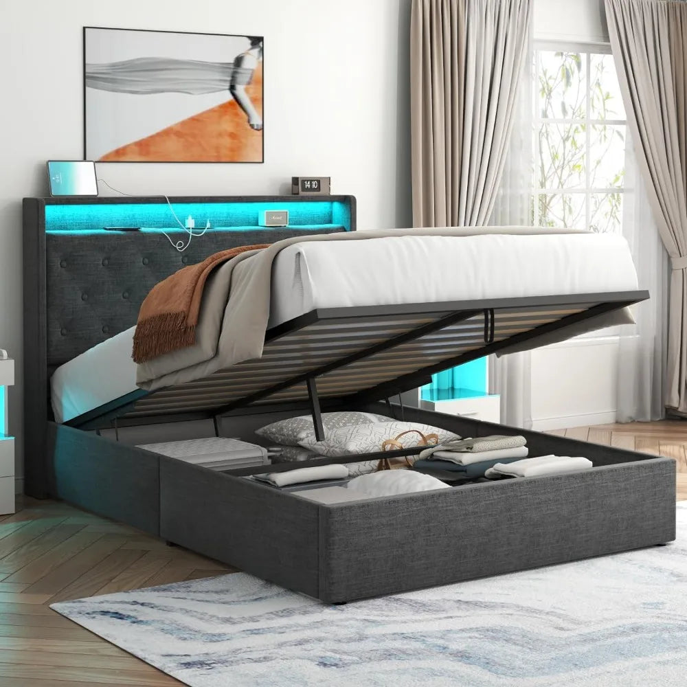 Full Lift Up Bed Frame with Charging Station & LED Lights, Upholstered Bed with Button Tufted Wingback Storage Headboard