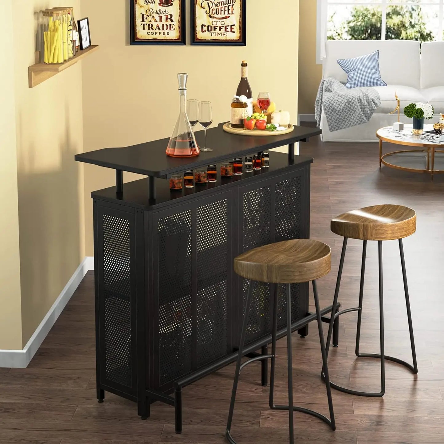 Home Bar Unit, 3 Tier Liquor Bar Table with Stemware Racks and Wine Storage Shelves, Wine Cabinet Mini Bar for Home Kitchen