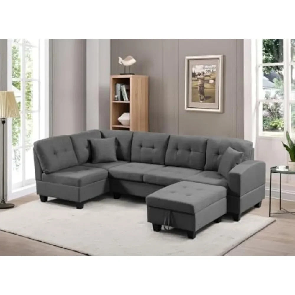 Living Room Furniture Sets Sectional Sofa Modern L-Shaped Sofá with 2 Pillows and Ottoman