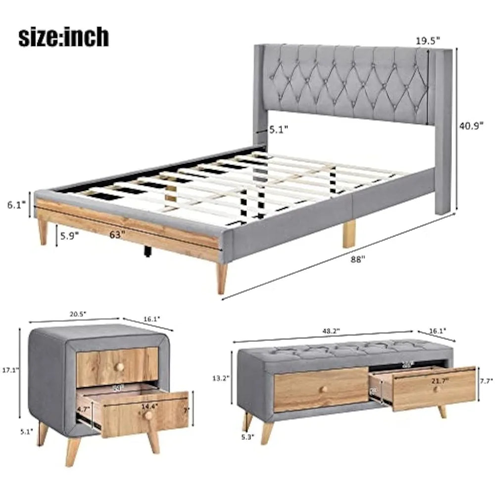 Designs Queen Size Upholstered Platform Bed with 2 Nightstands and 1 Storage Bench, 4 Pieces Bedroom Set, Wooden