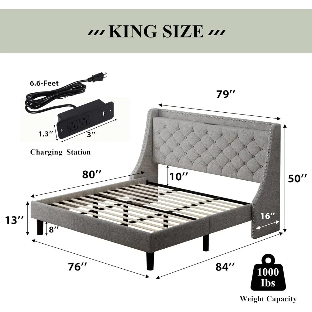 King Bed Frame with Luxury Wingback Upholstered Button Tufted Storage Headboard, King Platform Bed with Charging Station