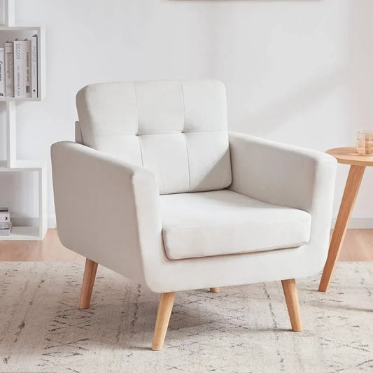 Linen Upholstery Chair, Mid-Century Modern Living Room Armchair, Bedroom Button Tufted Upholstered Chair