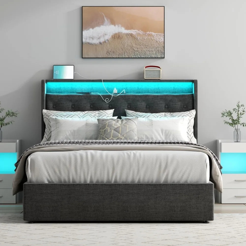 Full Lift Up Bed Frame with Charging Station & LED Lights, Upholstered Bed with Button Tufted Wingback Storage Headboard