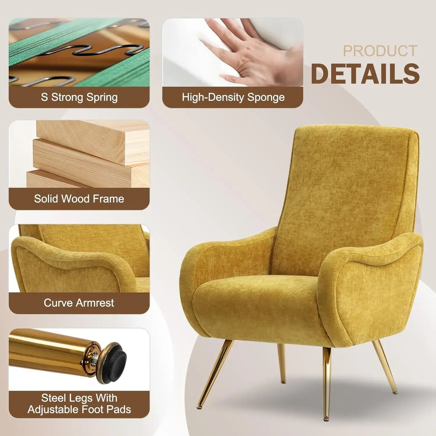 Upholstered Accent Chair, Chenille Armchair Living Room Chair with Thick Cushion&Golden Metal Legs, Comfy Reading Chair