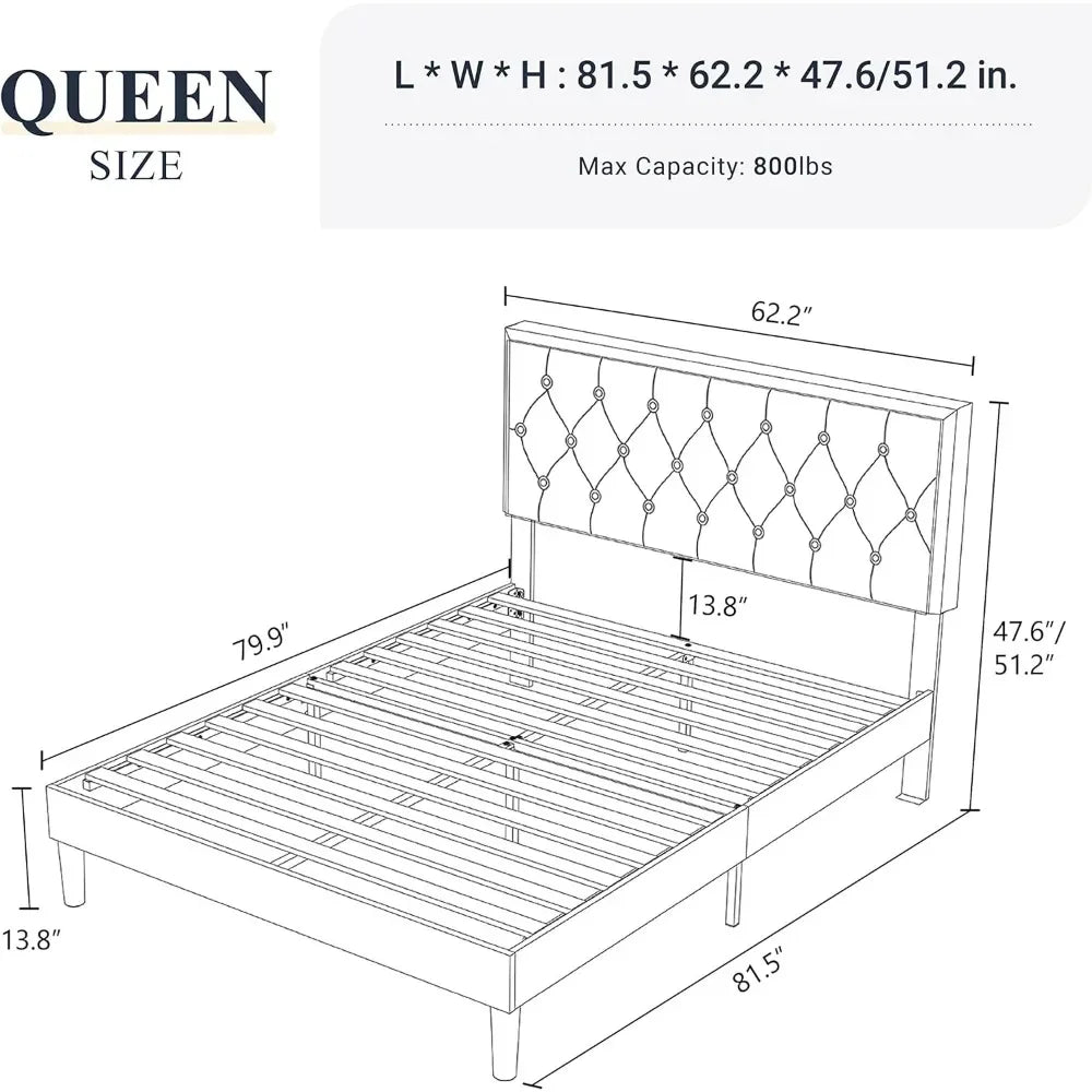 Bed frame, large buttons, tufted platform/fabric upholstery with adjustable headboard