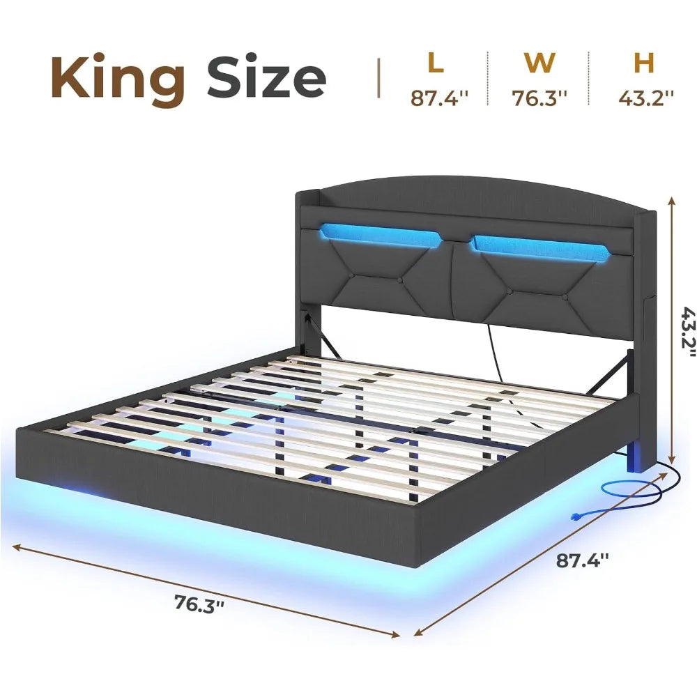 Floating Bed Frame King Size with USB-C/A Charging Station, LED Bed Frame with Storage Headboard