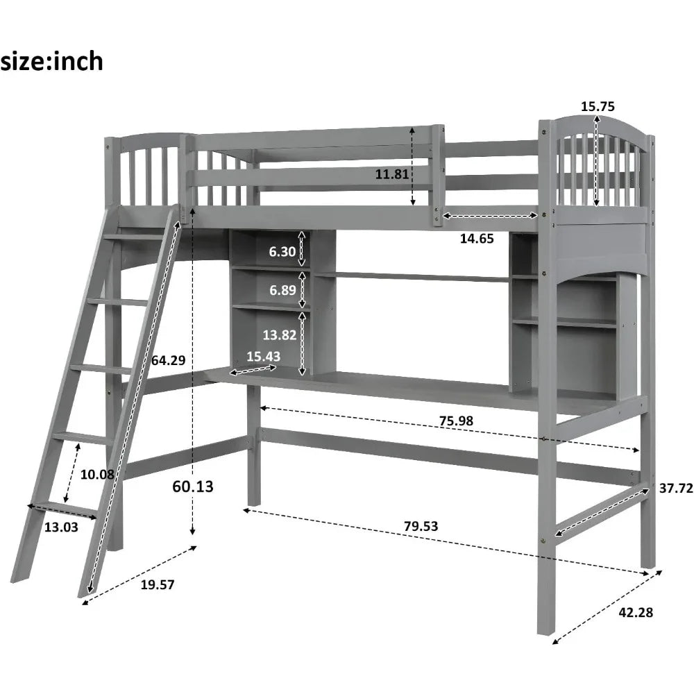 Children Bed, Twin Loft Bed with Desk, Solid Wood Twin Size Loft Bed Frame with Shelves, Children Bed