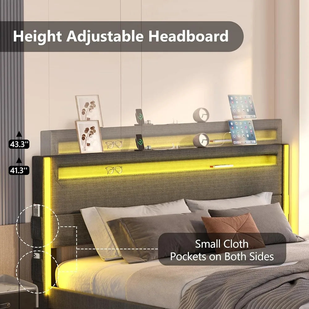 LED Bed Frame, Adjustable Headboard, Light up with Type-C & USB Charging Station, Upholstered Metal Bedframe, Bed Frame