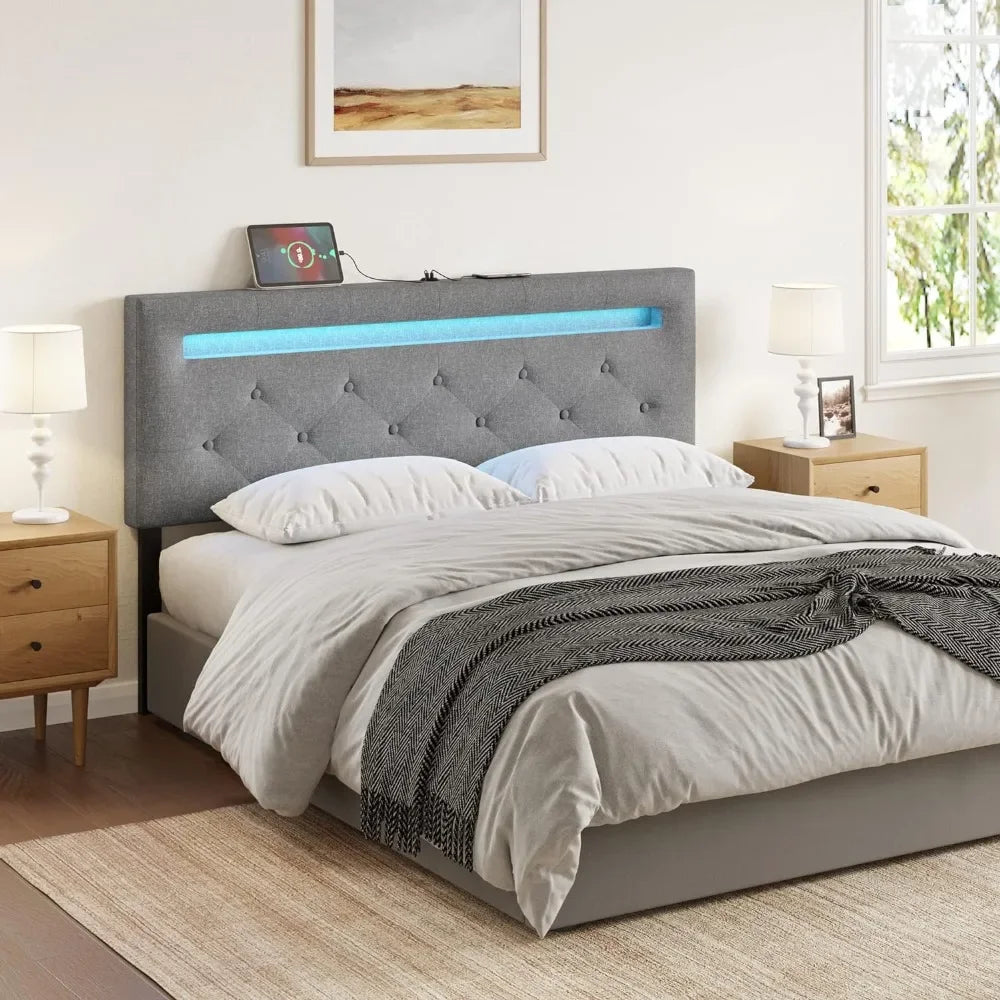 Headboard with LED light and USB post upholstery, height-adjustable Linen fabric upholstered headboard, bedroom modern, grey