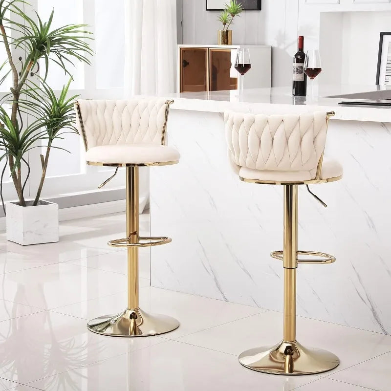 Velvet Bar Stools Set of 2,360° Swivel Woven Modern Gold Bar Stools,Adjustable Height Barstools with Backs Gold Metal Tall