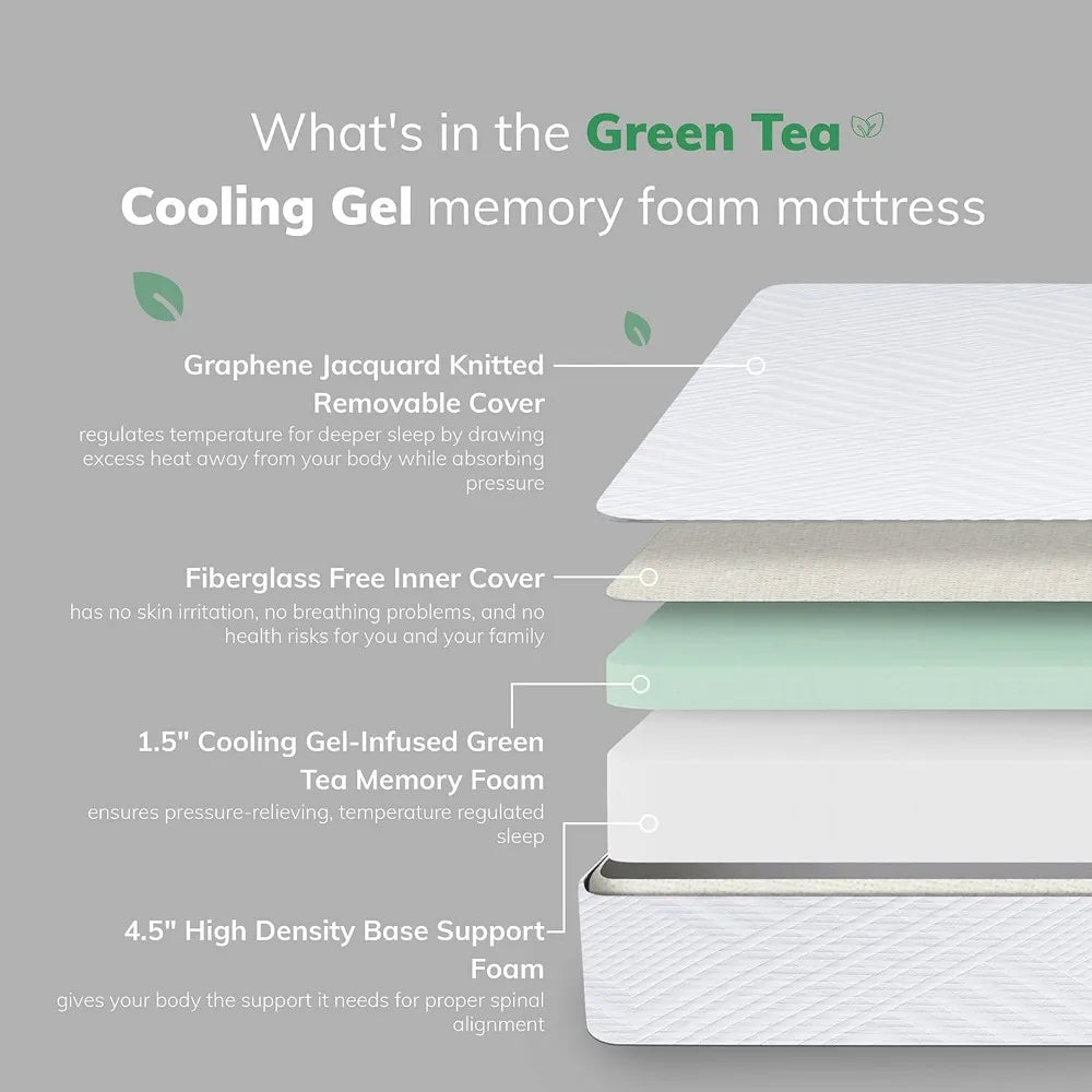 EGO Twin Mattress 6 Inch Green Tea Memory Foam Mattress Twin, CertiPUR-US Certified, Cooling Gel Bed Mattress