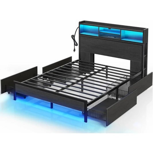 Bed Frame with Storage Headboard, Charging Station LED 4 Drawers