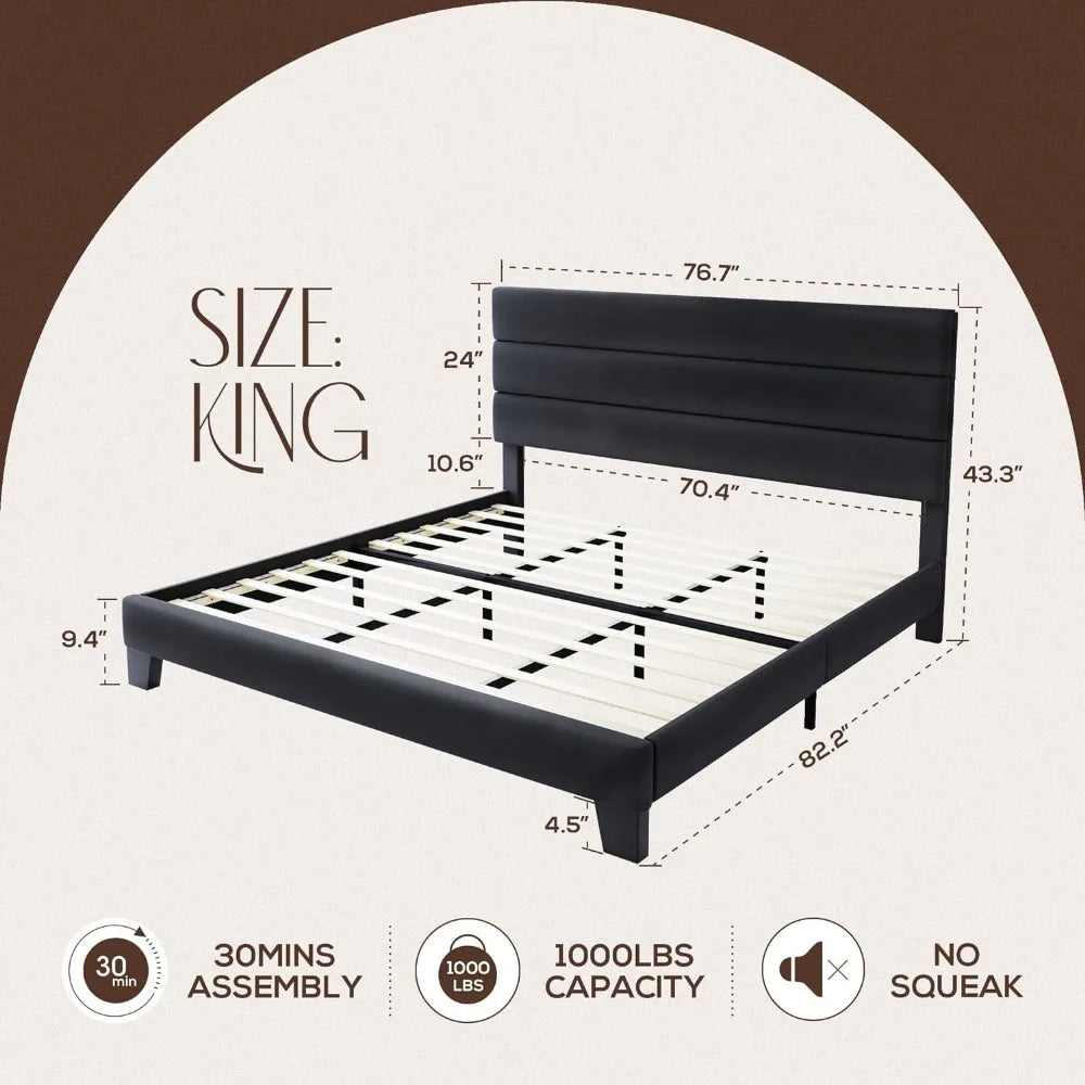 King Bed Frame Platform Bed with Velvet Upholstered Headboard and Wooden Slats Support, Heavy Duty Mattress Foundation