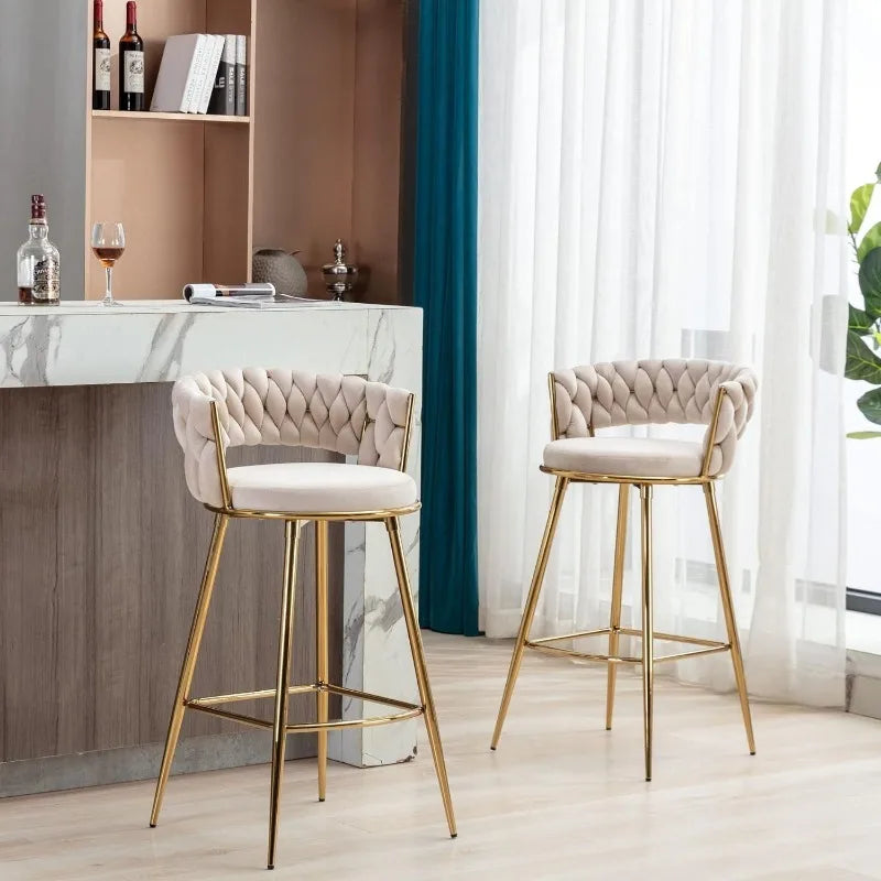 Gold Bar Stool Set of 2, Velvet Swivel Woven Barstools, Height Adjustable Counter Stools with Hollow Back, Upholstered Modern