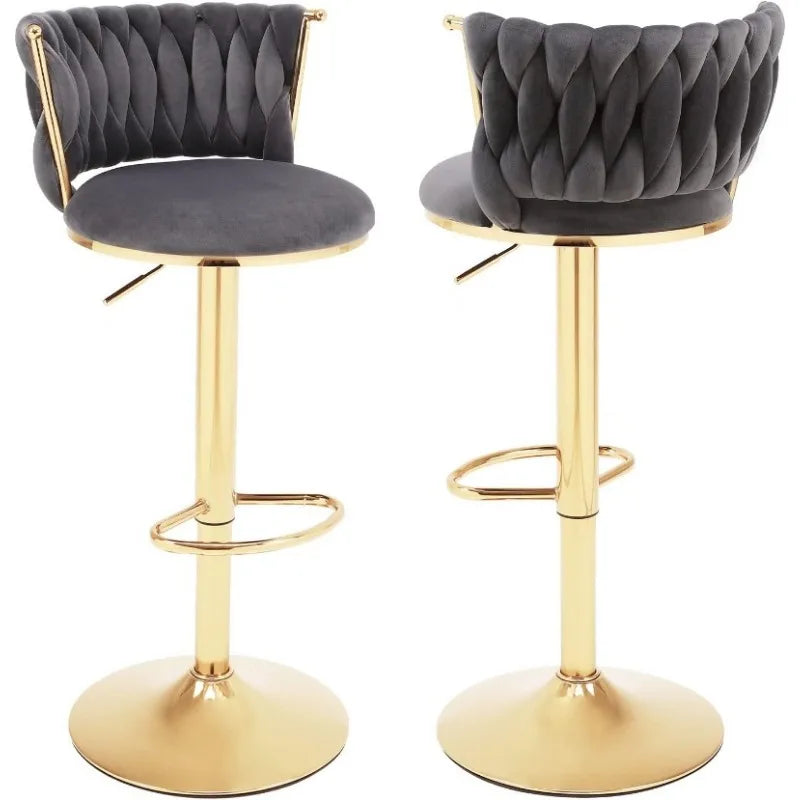 Velvet Bar Stools Set of 2,360° Swivel Woven Modern Gold Bar Stools,Adjustable Height Barstools with Backs Gold Metal Tall