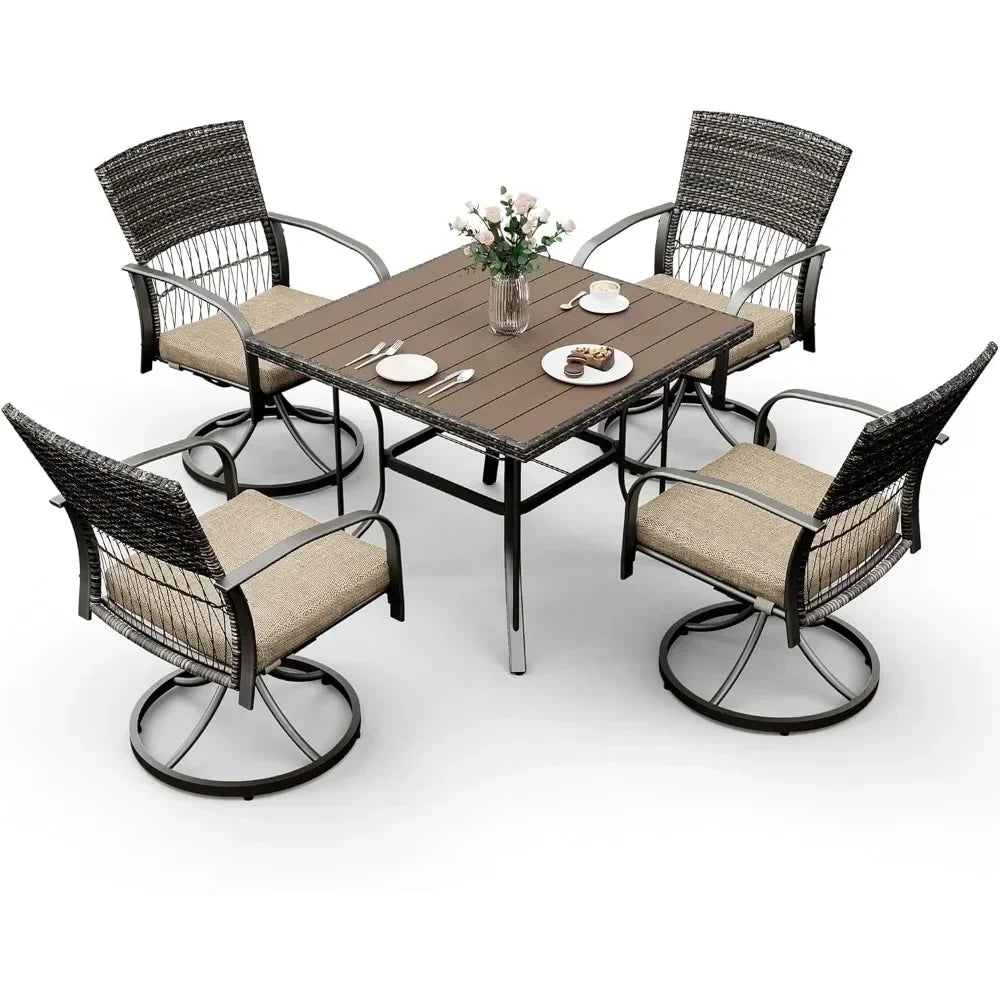 Square Plastic-Wood Table Top Outdoor Furniture 5 Piece Patio Dining Set for 4 Removable Cushions(Beige) Dinning Tables Sets