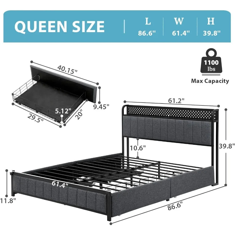 Queen Size Bed Frame, Padded Metal Bed Frame with USB Port and Charging Socket, LED Queen Size Bed Frame