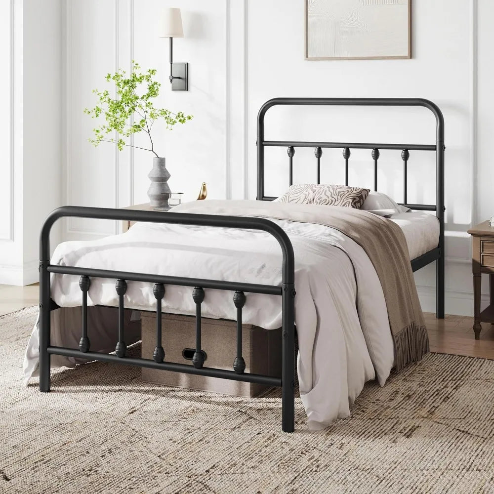 Classic Metal Platform Bed Frame Mattress Foundation with Victorian Style Iron-Art Headboard/Footboard/Under Bed Storage