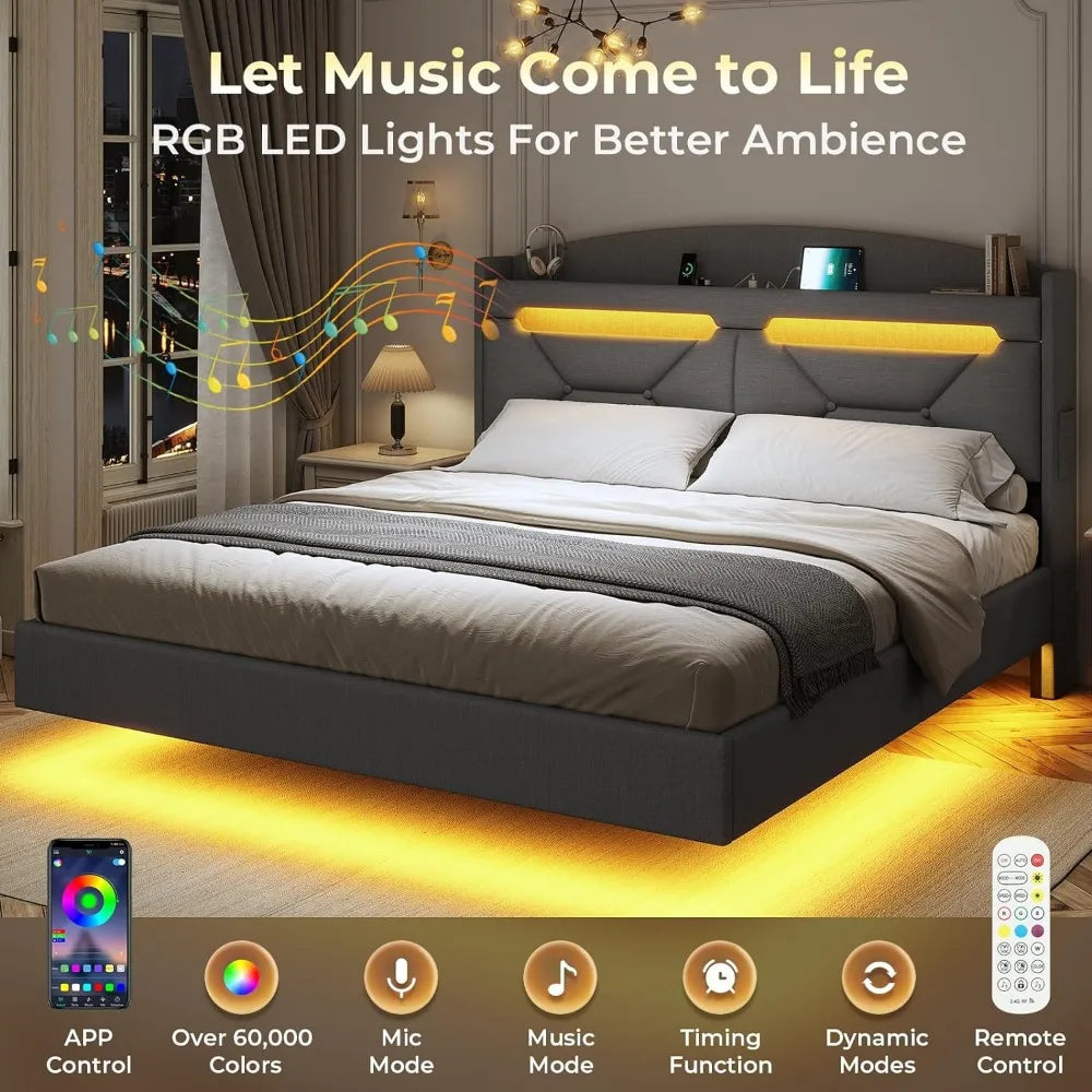 Floating Bed Frame King Size with USB-C/A Charging Station, LED Bed Frame with Storage Headboard