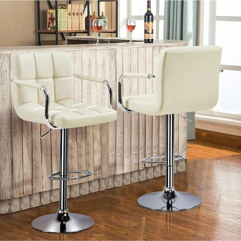 Tall Bar Stools Set of 2 Modern Square PU Leather Adjustable BarStools Counter Height Stools with Arms and Back Bar Chairs