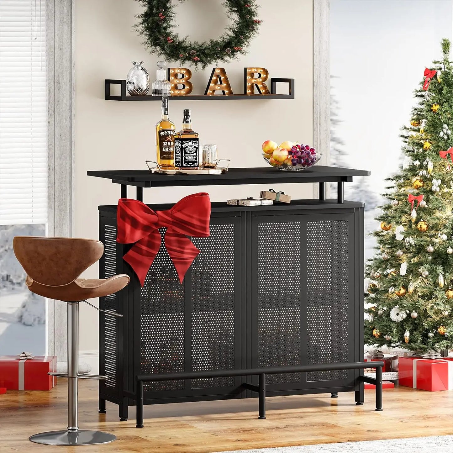 Home Bar Unit, 3 Tier Liquor Bar Table with Stemware Racks and Wine Storage Shelves, Wine Cabinet Mini Bar for Home Kitchen