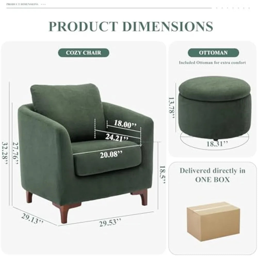 Living Room Chair, Upholstered Barrel Club Armchair with Footrest, Chairs with Back Pillow and Wooden Legs, Living Room Chair