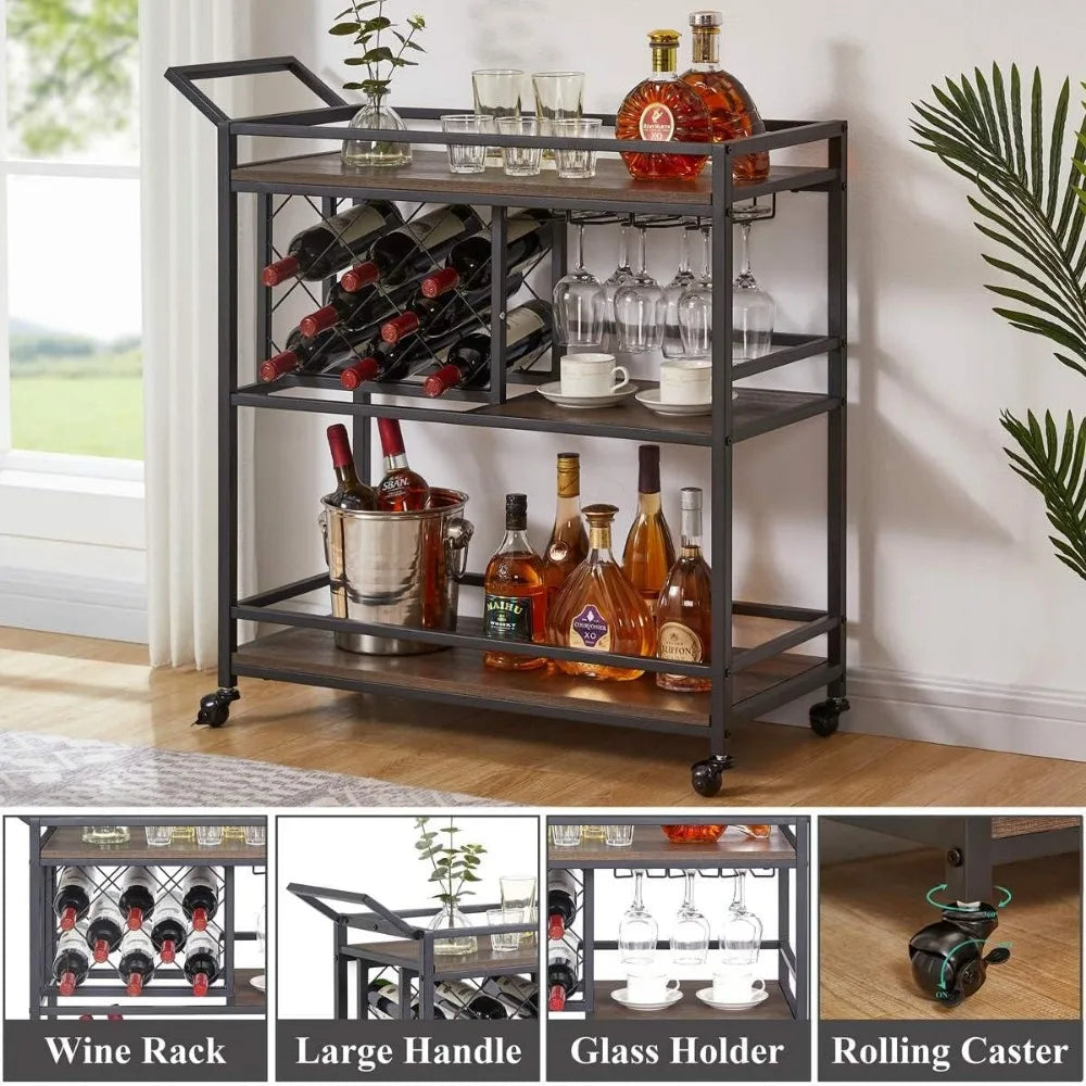 Rustic Rolling Serving Cart on Wheels for Liquor and Alcohol Kitchen Storage Trolley Furniture Cabinet Home