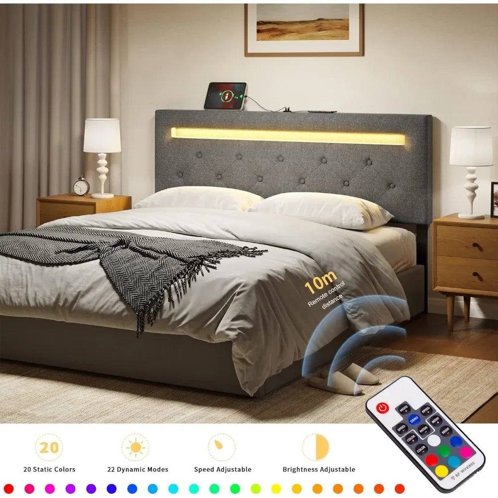 Headboard with LED light and USB post upholstery, height-adjustable Linen fabric upholstered headboard, bedroom modern, grey