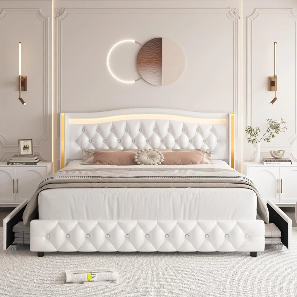 King Smart LED Platform Bed Frame with 4 Storage Drawers, Crystal Button-Tufted & Stainless Gold Trim Wingback Headboard，beds