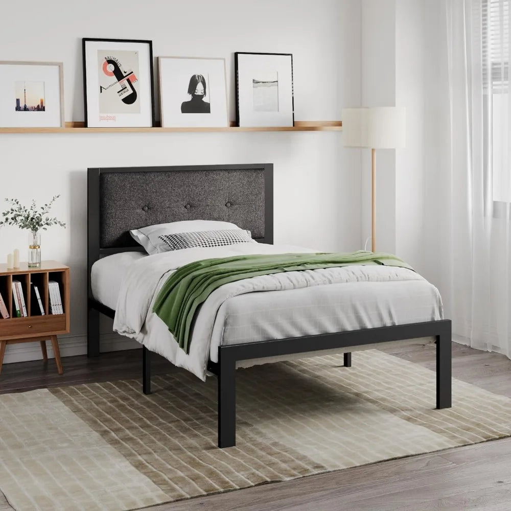 Twin Size Bed Frame with Upholstered Headboard, Platform Bed Frame with Metal Slats, Button Tufted Square Stitched Headboard