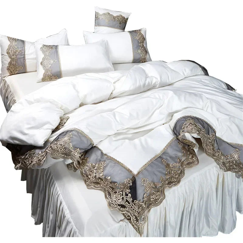 Princess style big lace side bed on four-piece set washed ice silk silk silk bed skirt white bedspread