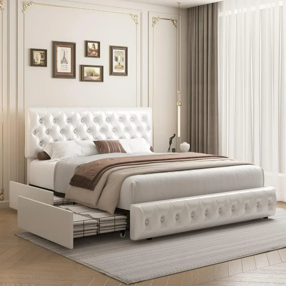 BedFrame,Queen BedFrame with Storage and Adjustable Headboard, with 4 Drawers and Wooden Slats Support,Easy To Assemble,BedFrame