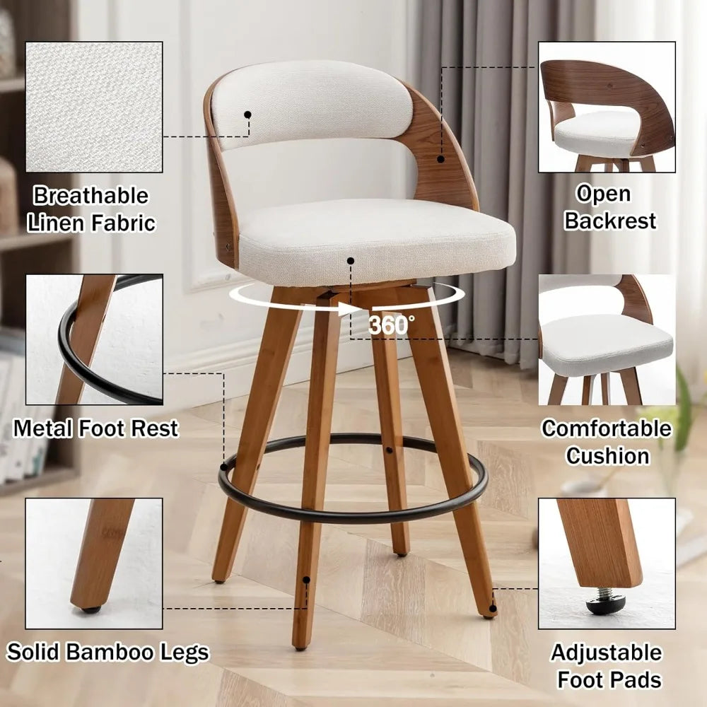 modern padded bar chair with wooden back and bamboo legs rotating