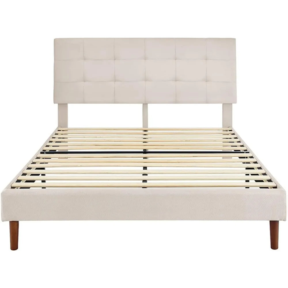 Tufted Upholstered Platform Bed Frame with Adjustable Height Headboard,Mattress Foundation with Stong Wood Slat Support