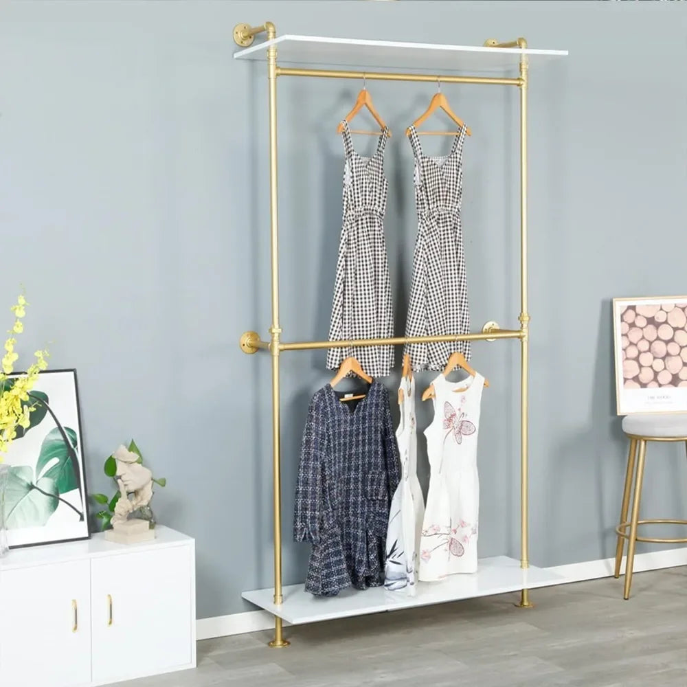 Gold Wardrobe Modern Simple Industrial Pipe Double Hanging Rods Clothing Rack Bedroom Furniture 47.2" L) Hanger Wardrobes Home